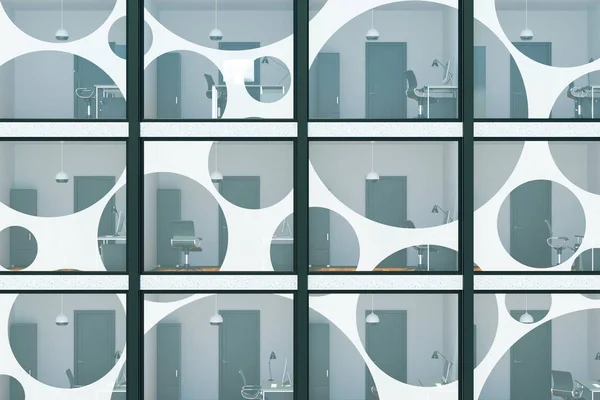 Abstracte glazen gebouw achtergrond met zichtbare office interieurs. Gevel concept. 3D-rendering — Stockfoto
