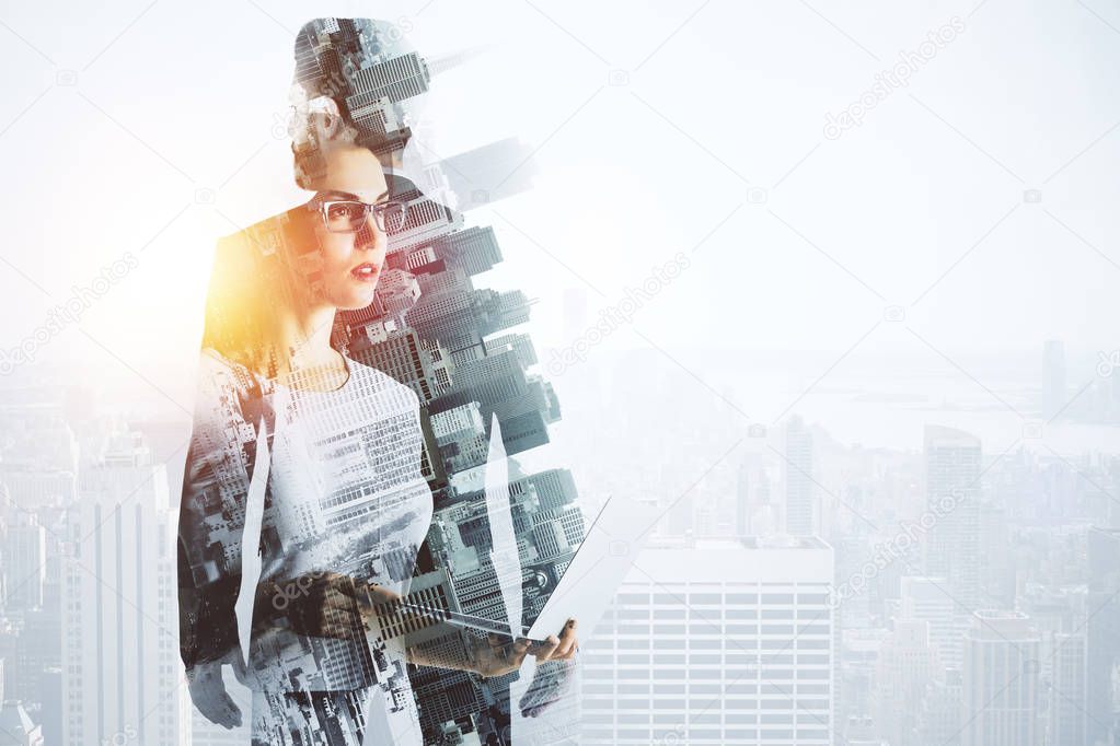 Abstract image of thoughtful woman and businessman on bright city background with sunlight and copy space. Think concept. Double exposure 