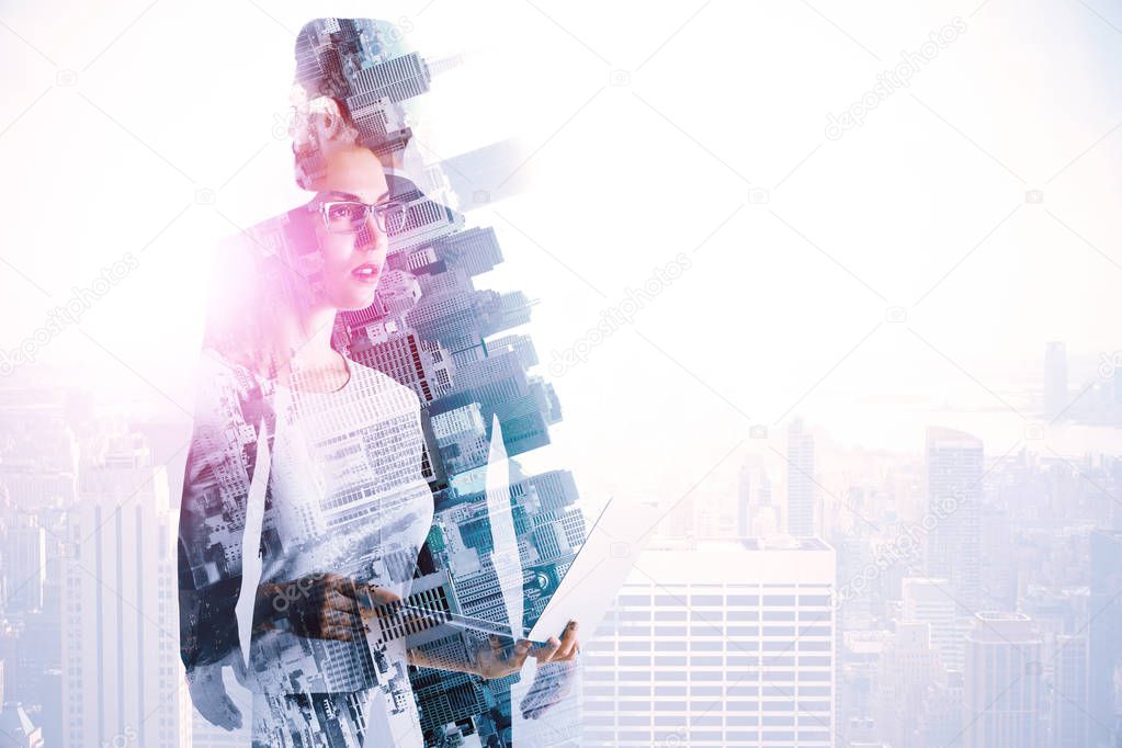 Abstract image of thoughtful woman and businessman on bright city background with sunlight and copy space. Employment concept. Double exposure 