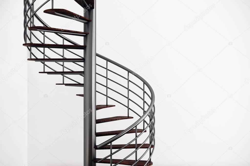 Close up of spiral staircase on white wall corner background. Leadership concept. 3D Rendering 