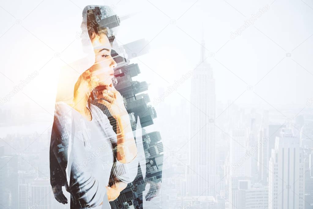 Abstract image of thoughtful woman and businessman on bright city background with sunlight and copy space. Research concept. Double exposure 