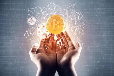 Soyut bitcoin hologram bulanık devre hologram üzerinde tutan eller. Cryptocurrency kavramı 