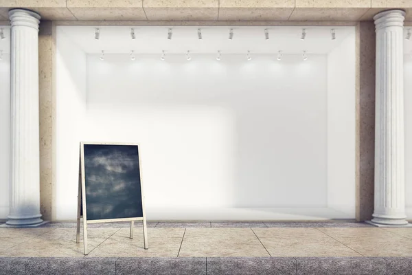 Empty menu board next to building with blank storefront. Restaurant ad concept. Mock up, 3D Rendering — Stock Photo, Image