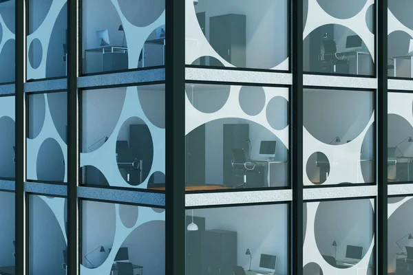 Edifício de vidro abstrato fundo canto com interiores de escritório visíveis. Conceito de organização. Renderização 3D — Fotografia de Stock