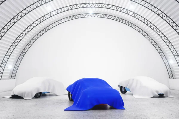 Mavi ve beyaz örtüsü altında arabalı soyut ambar iç. Entrika kavramı. 3D render 