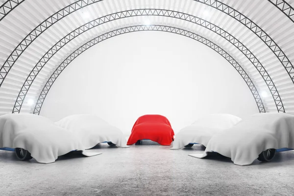 Kırmızı ve beyaz örtüsü altında arabalı soyut ambar iç. Gizlilik kavramı. 3D render 