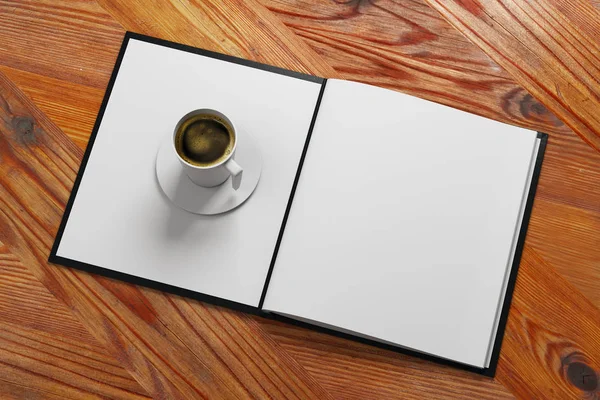 Vista superior do livro de menu aberto com xícara de café colocada na superfície de madeira. Conceito de anúncio de café. Preparem-se, 3D Rendering — Fotografia de Stock