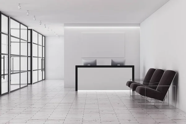 Σύγχρονο γραφείο εσωτερικό με ρεσεψιόν, γυάλινους τοίχους και καθίσματα. 3D rendering — Φωτογραφία Αρχείου