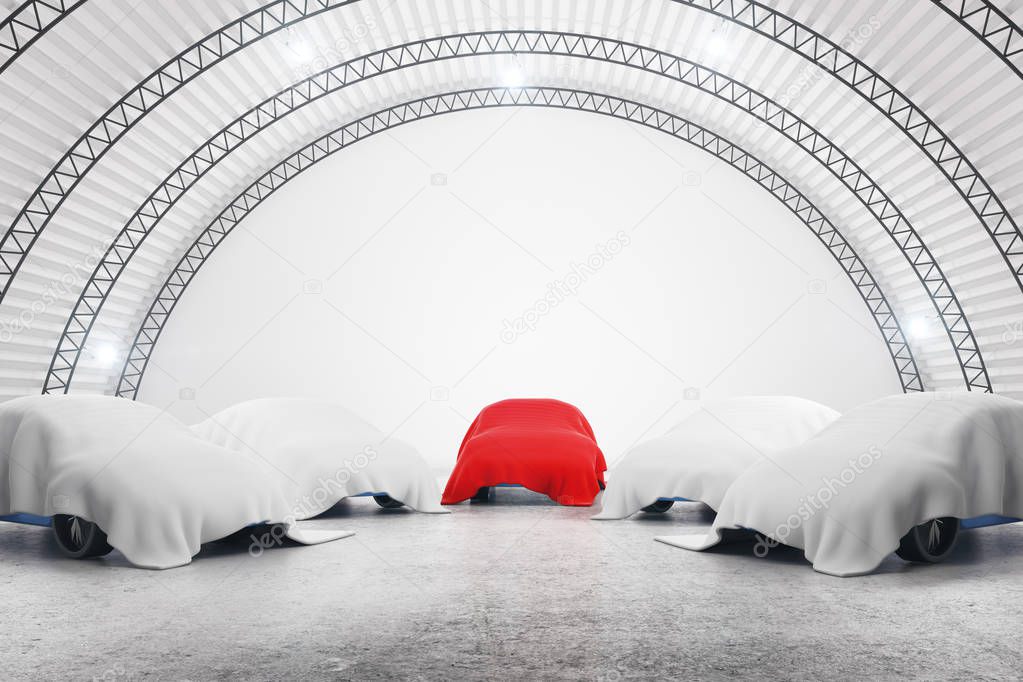 Abstract warehouse interior with cars under red and white cloths. Secrecy concept. 3D Rendering 