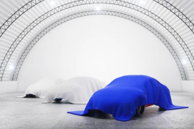 Mavi ve beyaz örtüsü altında arabalı soyut ambar iç. Otomatik kavramı. 3D render 