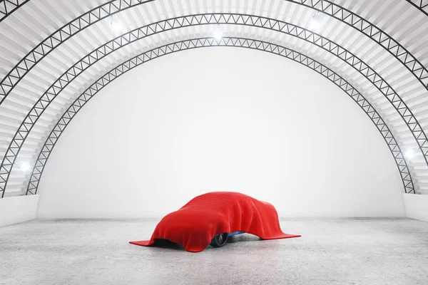 Abstrakt lager interiör med bilen under rött tyg. Ceremoni-konceptet. 3D-rendering — Stockfoto