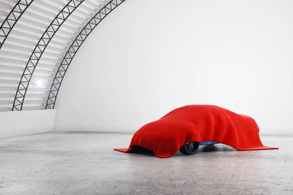 Abstrakt lager interiör med bilen under rött tyg. Prototyp-konceptet. 3D-rendering — Stockfoto