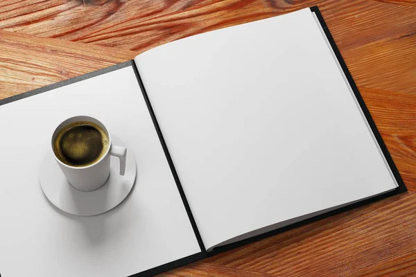 Vue du dessus du livre à menu ouvert avec tasse à café placée sur une surface en bois. Concept de publicité Café. Maquette, rendu 3D — Photo