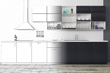 Bitmemiş modern mutfak iç kroki. Proje kavramı. 3D render 