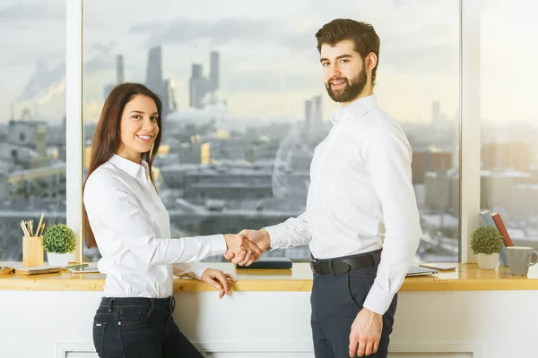 Vista lateral de alegre joven hombre de negocios y mujer estrechando la mano en el interior de la oficina moderna con artículos en el alféizar de la ventana y vista a la ciudad. Concepto de asociación — Foto de Stock