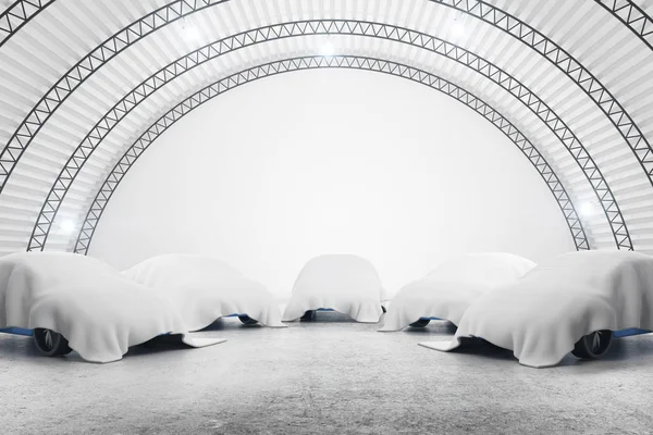 Beyaz örtüsü altında arabalı soyut ambar iç. Sunu kavramı. 3D render 
