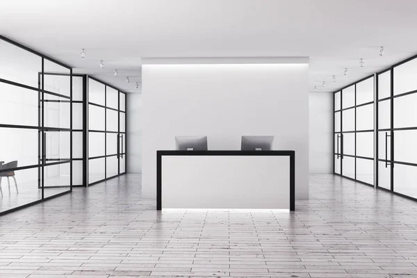 Moderne Büroeinrichtung mit Rezeption und Glaswänden. 3D-Darstellung — Stockfoto