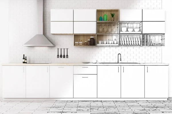 Interno della cucina moderna incompiuta schizzo. Concetto di architettura. Rendering 3D — Foto Stock