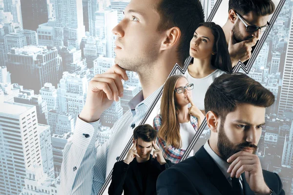 Düşünceli işadamları ve kadın şehir arka plan üzerinde. Ekip çalışması kavramı 