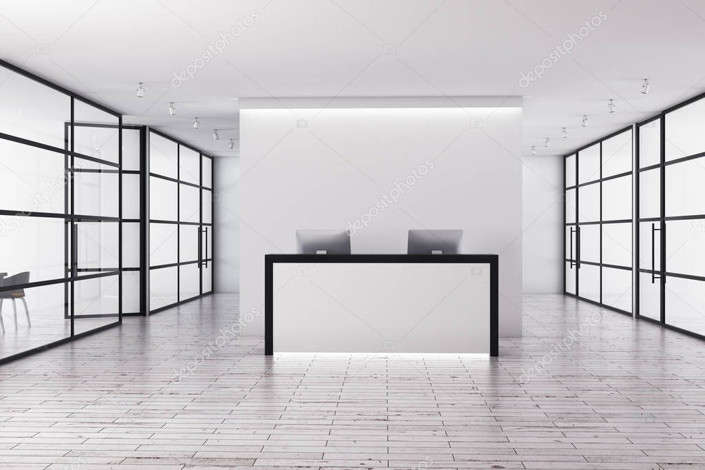 Modern office interior with reception desk and glass walls. 3D Rendering 