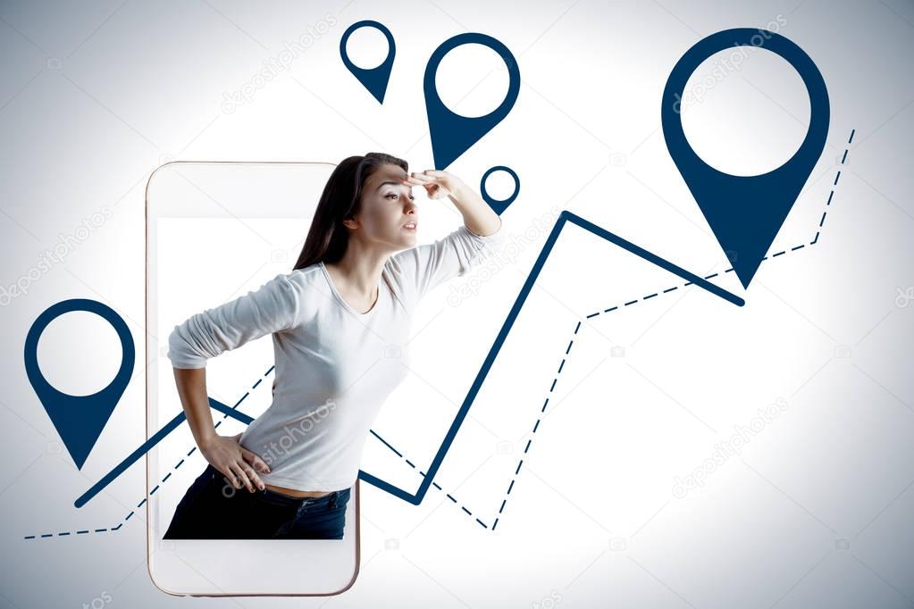 Side view of european woman looking into the distance on abstract light background with smartphone and map pointers. Travel concept 