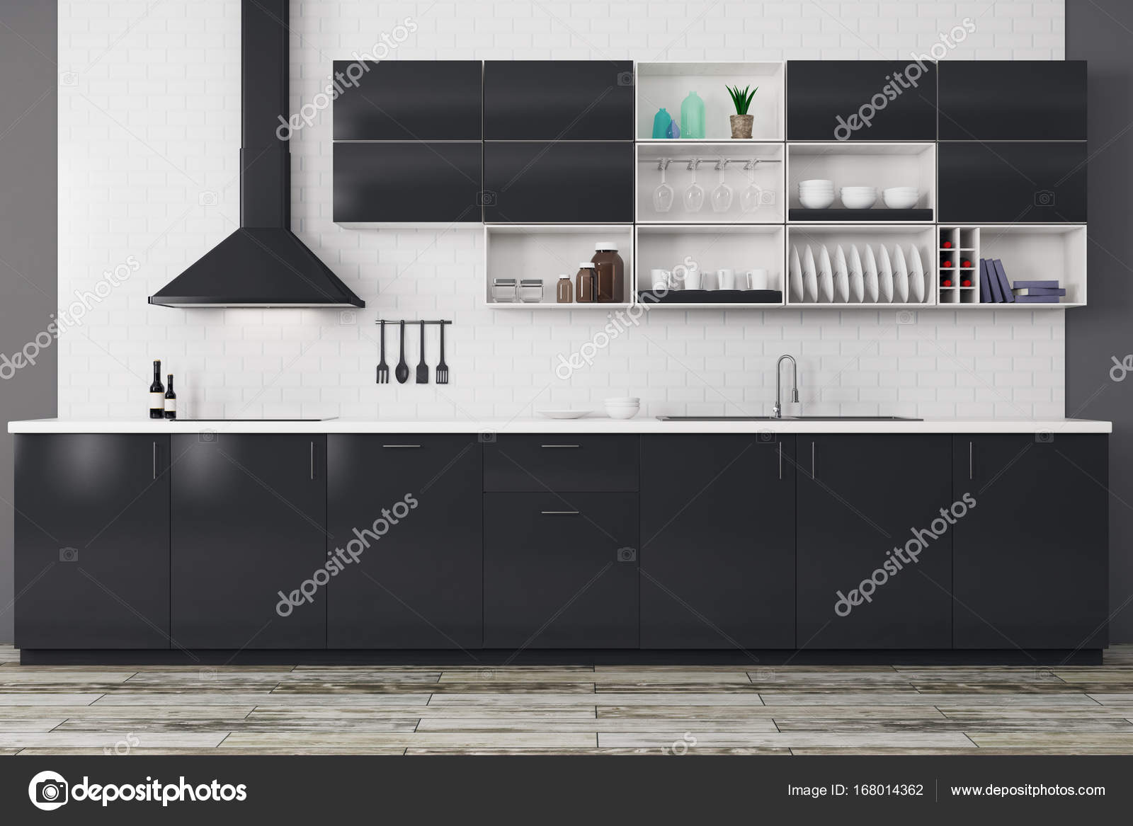 Moderne zwarte keuken — stockfoto © peshkova #168014362 Moderne zwarte keuken