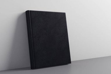 Beton duvara yaslanmış boş kapalı siyah ciltli not defteri. Reklam kavramı. Alay etmek yukarıya, 3d render 