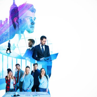 Soyut resim kopya alanı beyaz şehir zemin üzerine grubunun. Toplantı kavramı. Çift pozlama 