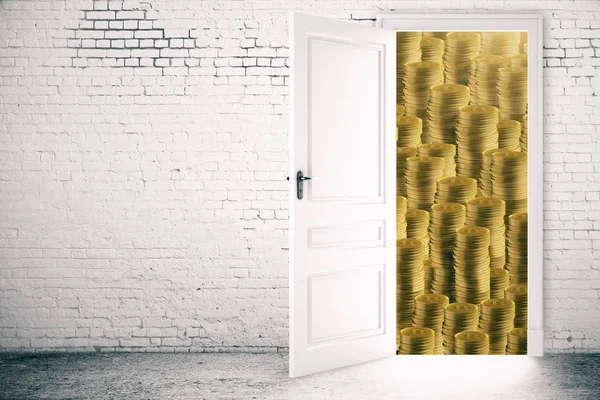 Open door with abstract golden coin view in brick interior. Treasure concept. 3D Rendering