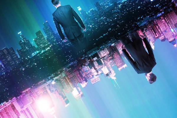 Businessmen on abstract glowing split world city background. Creativity concept — Stock Photo, Image