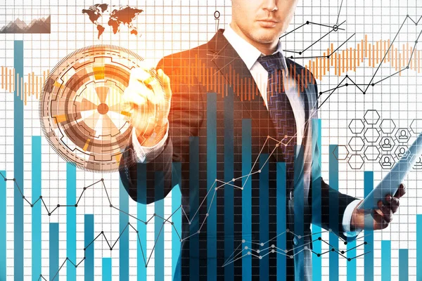 Uomo d'affari che disegna un business chart digitale su sfondo bianco. Il concetto Forex. Doppia esposizione — Foto Stock