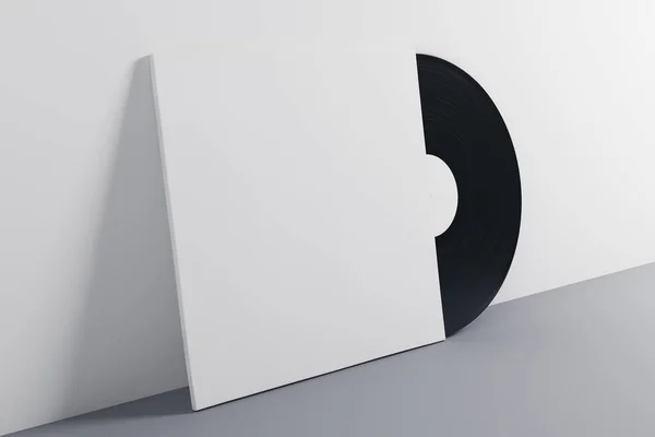 Manchon en vinyle noir et blanc sur fond gris. Concept musical. Maquette, rendu 3D — Photo