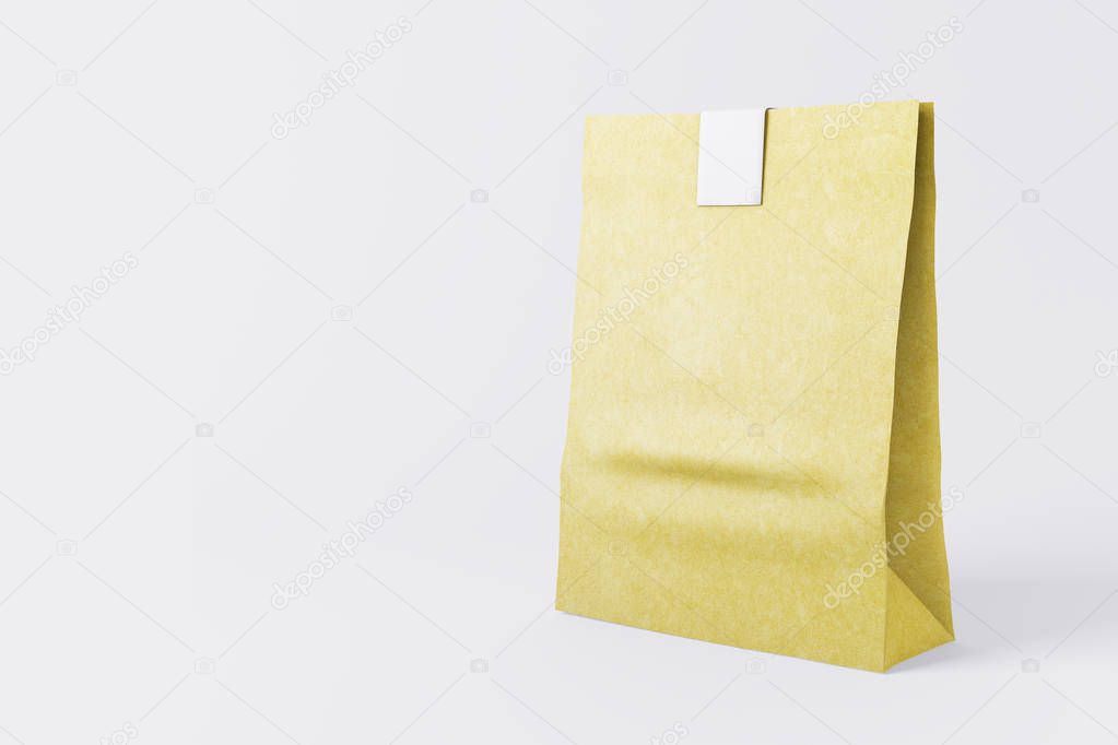 Sealed yellow paper lunch bag on light background. Environment concept. Mock up, 3D Rendering 