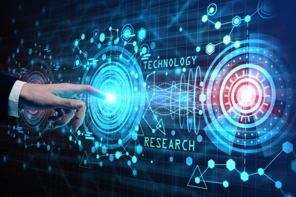 Erkek el soyut dijital düğmesine basarak yan görünüm. Ekonomi kavramı. 3D render 