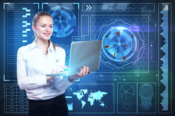 Attraktive junge Europäerin mit Laptop mit abstrakter digitaler Geschäftsoberfläche. Finanzierungskonzept. 3D-Darstellung — Stockfoto