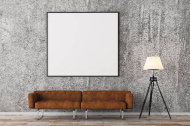 Boş billboard modern tuğla oturma odası 