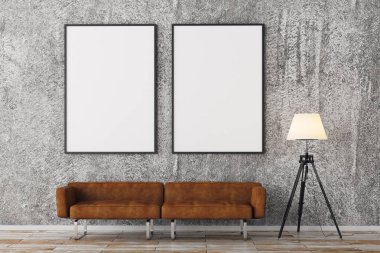 Boş çerçeve ile modern tuğla oturma odası