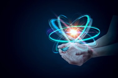 Soyut Dijital atom üzerinde mavi arka plan holding eller. Tıp kavramı. 3D render 