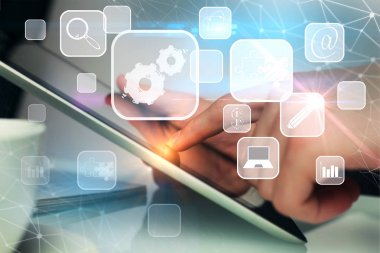 İşadamı eller tablet ile dijital arabirimi kullanma. Teknoloji kavramı. 3D render 