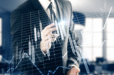 Tanınmayan işadamı soyut forex grafik bulanık iç arka plan üzerinde çizim. Satış konsepti. Çift pozlama 