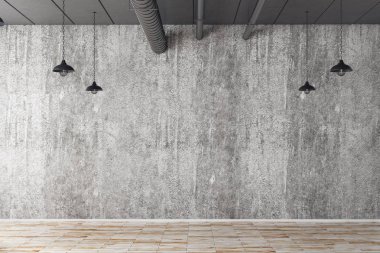 Boş duvar ve ahşap zemin ile soyut somut iç. Reklam kavramı. Alay etmek yukarıya, 3d render 