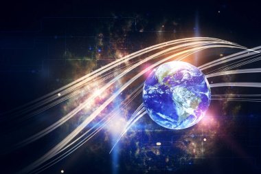Alan arka plan üzerinde dünya ile yaratıcı dijital dalga. Çift pozlama. Nasa tarafından döşenmiş bu görüntü unsurları