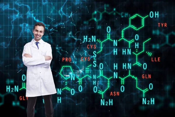 Smiling male doctor with chemical formulas on dark background. Science concept. Double exposure — Stock Photo, Image