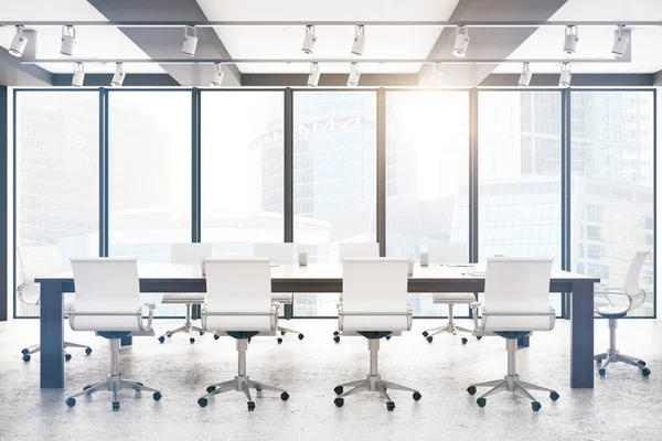 Modern boardroom with city view and sunlight. 3D Rendering — Stock Photo, Image