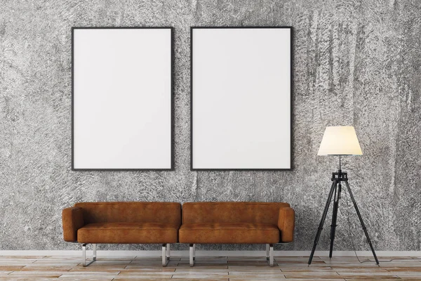 Modern brick living room with empty frames — Stock Photo, Image