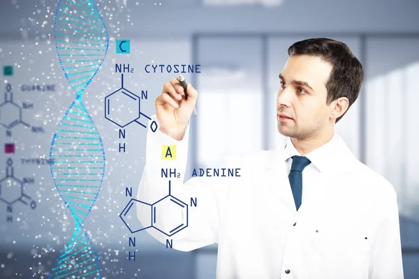 Male doctor writing chemical formulas on blurry office interior background. Hormone concept. Double exposure — Stock Photo, Image