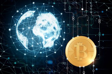 Soyut poligonal Küre ve bitcoin koyu arka plan üzerinde. Cryptocurrency kavramı. 3D render 