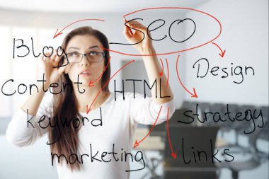 Bulanık ofis iç SEO kroki çizim çekici genç kadın. Blog kavramı