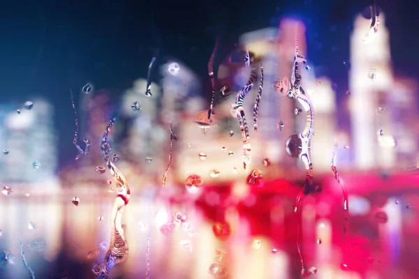 Astratto sfondo notte sfocata città con gocce di pioggia su vetro e testo. Il concetto di stile di vita. Rendering 3D — Foto Stock