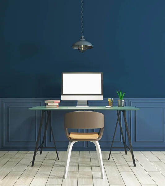 Arbeitsplatz im modernen blauen Interieur — Stockfoto